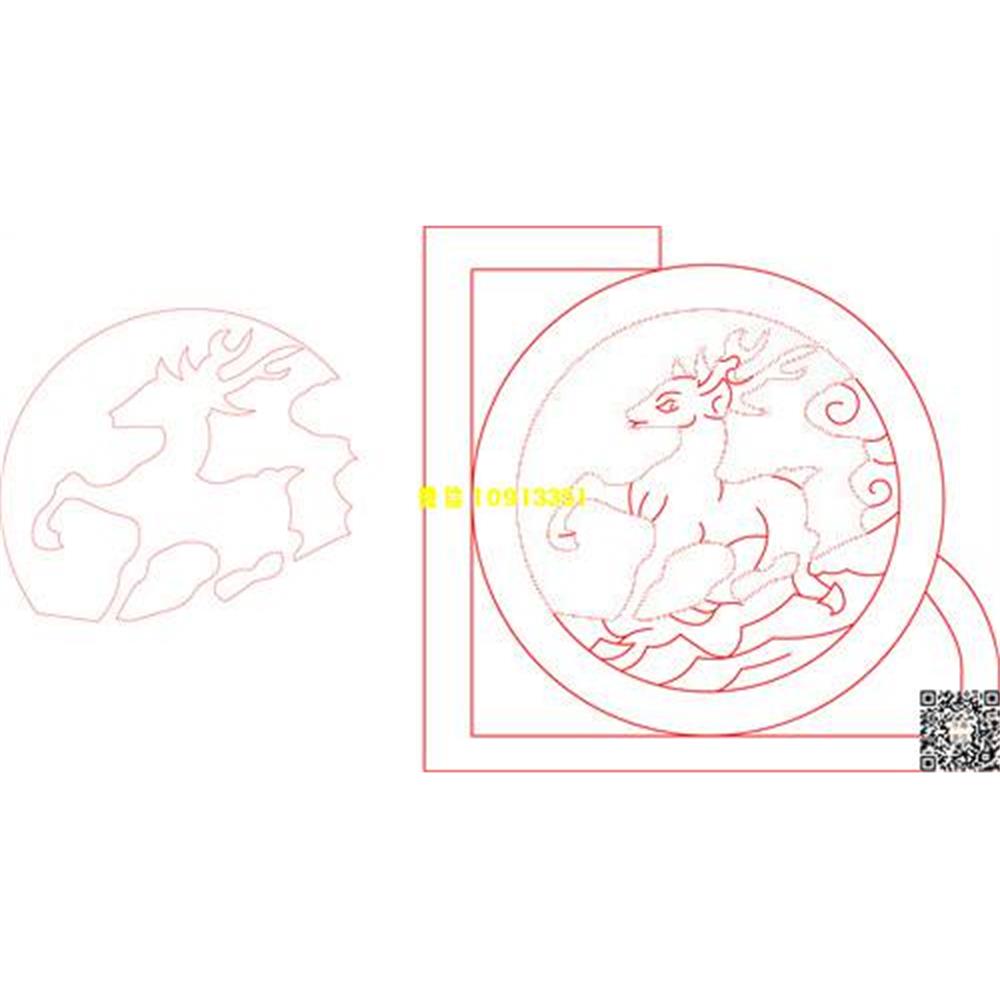 精雕图36鹿抱鼓耳朵墓碑精雕图线雕图线条图单线铣底图_电脑雕刻plt文泰矢量图精雕图浮雕图